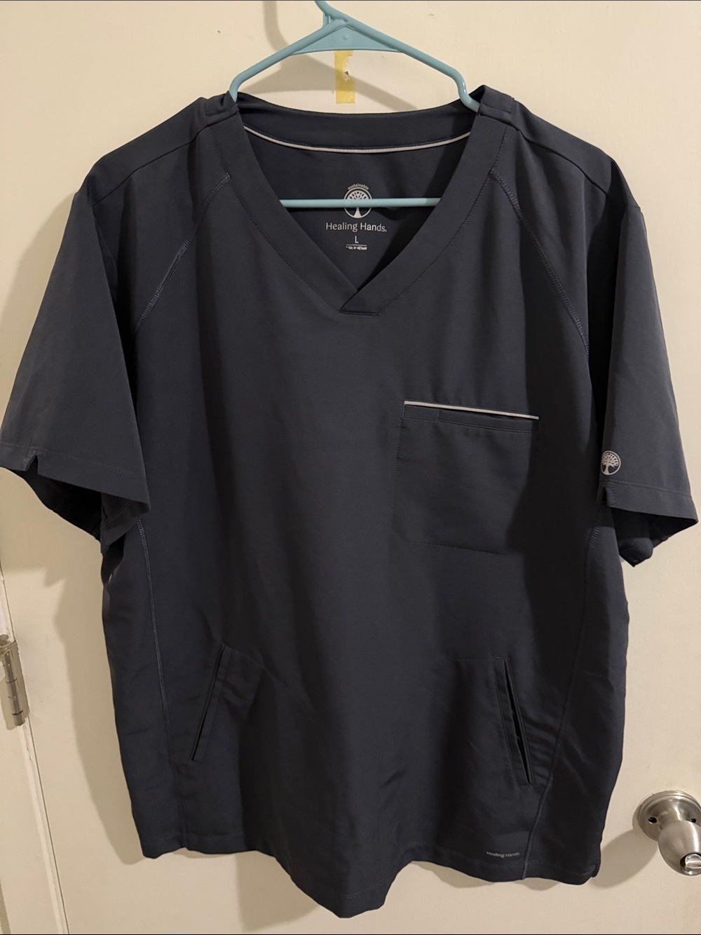 healing hands Men's Dark Gray V-Neck Scrub Top with Chest Pocket